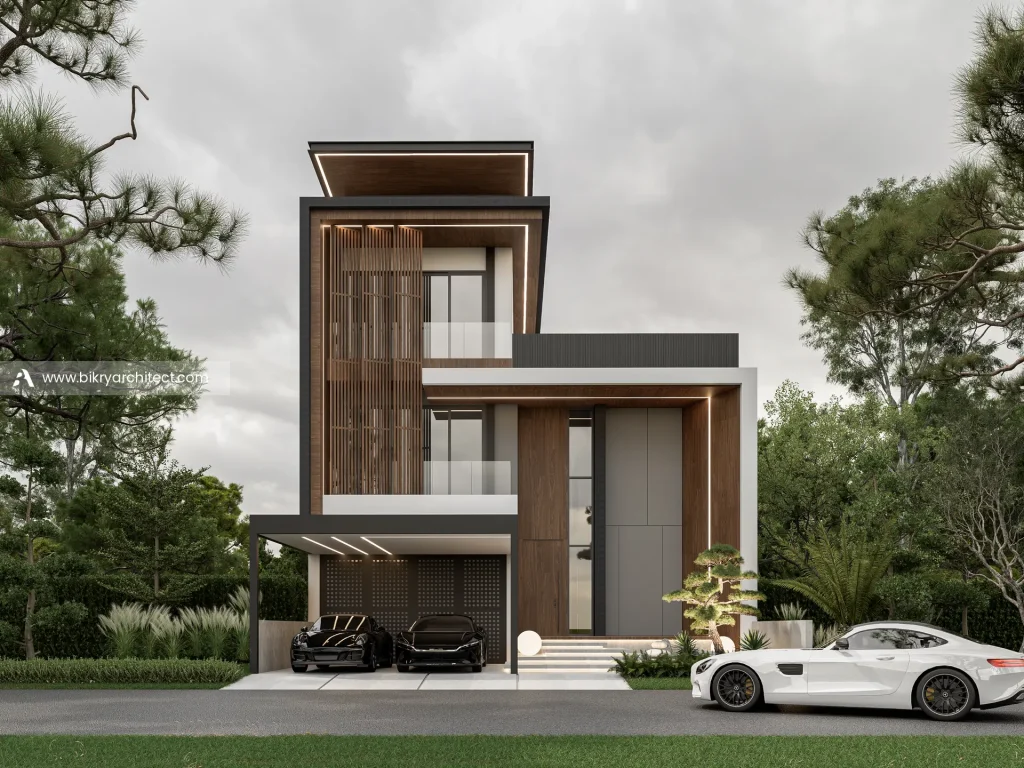 Fasad depan S House Bekasi, rumah modern kontemporer 3 lantai dengan kisi kayu vertikal dan carport 2 mobil