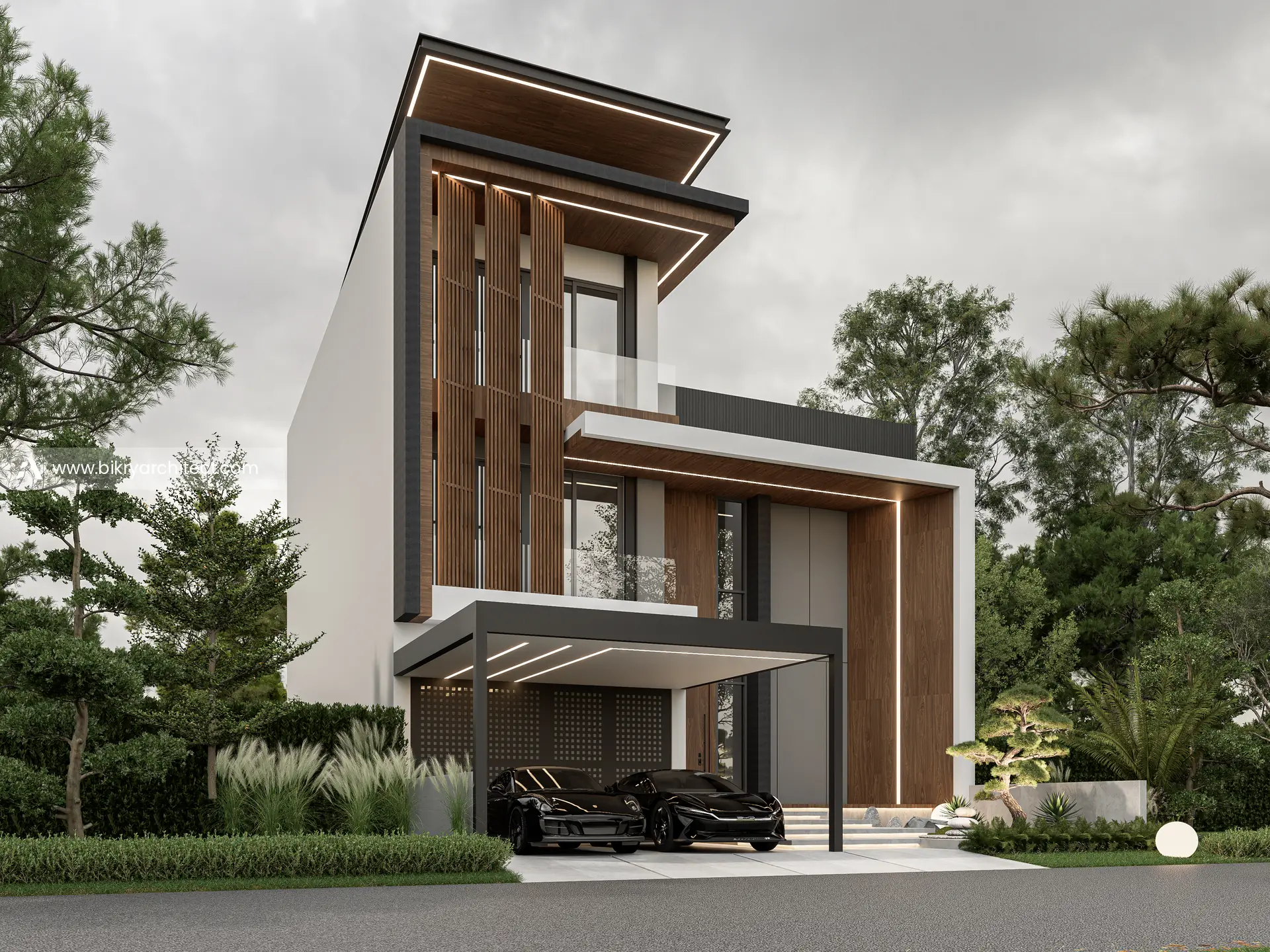 Perspektif sudut rumah modern kontemporer 3 lantai dengan dinding putih, bingkai gelap, dan panel kayu