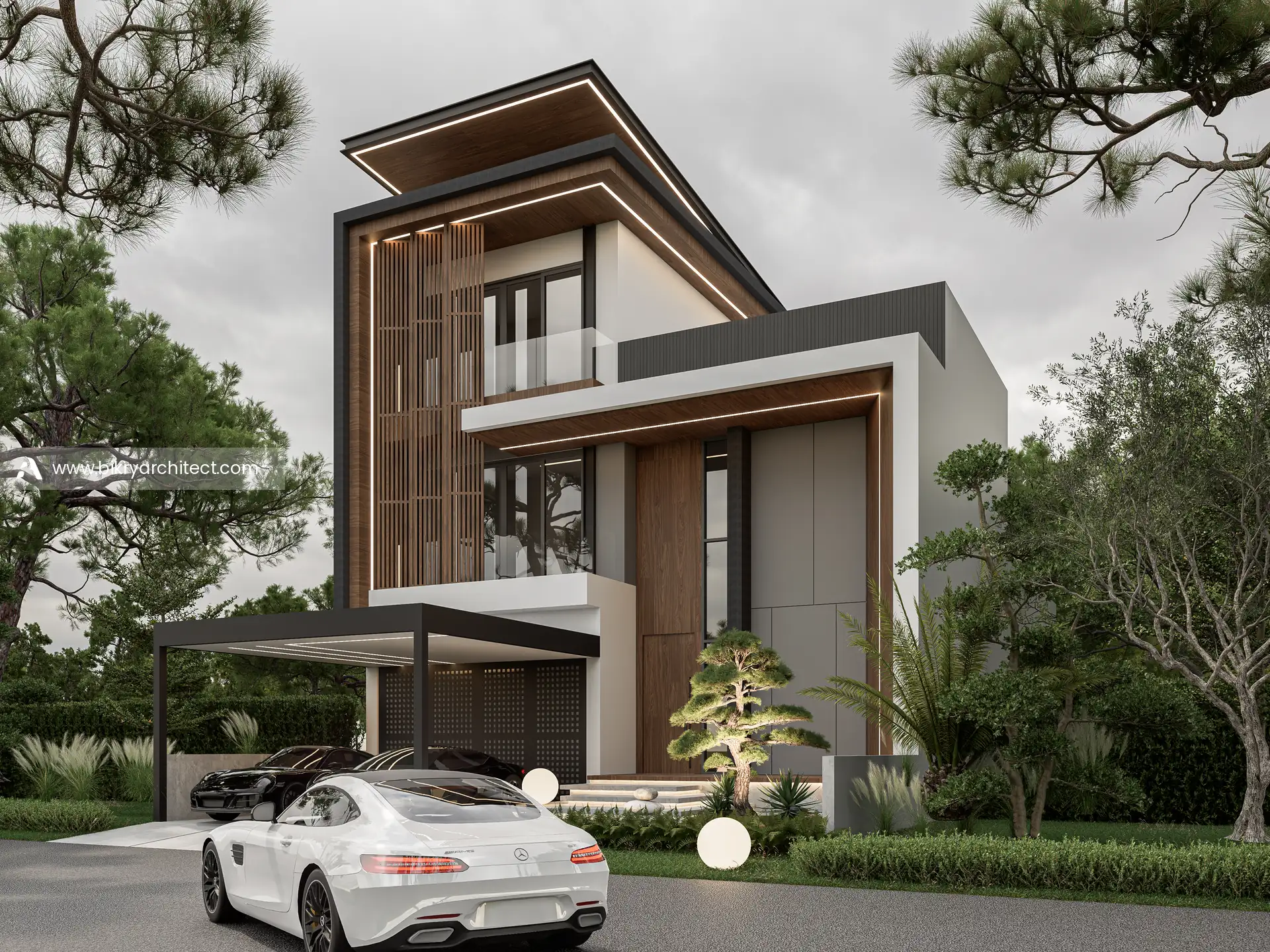 Perspektif sudut S House Bekasi dengan massa putih, bingkai abu gelap, dan panel kayu