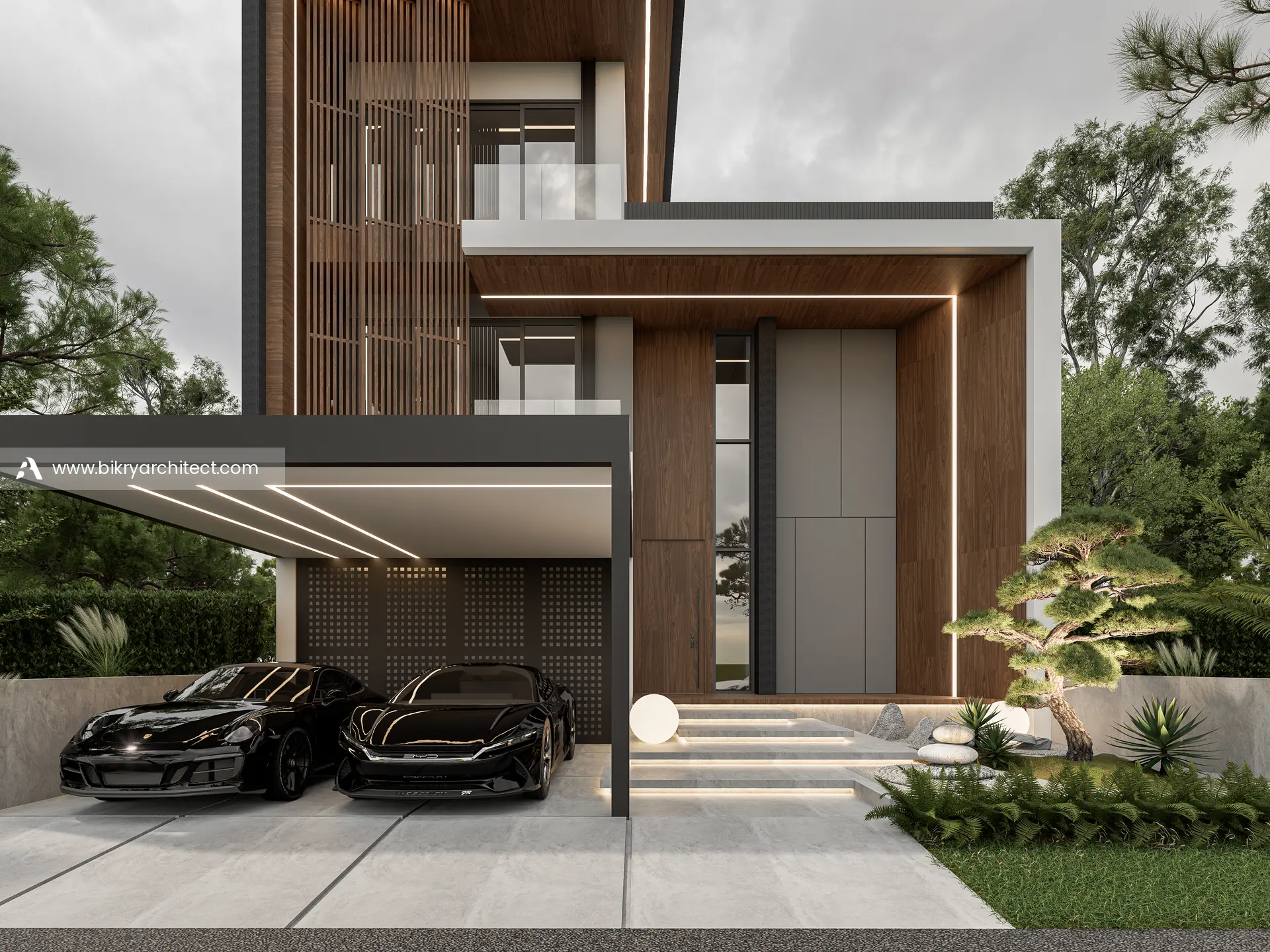 Detail fasad depan dengan pintu utama tinggi, panel kayu, tangga masuk, dan carport 2 mobil