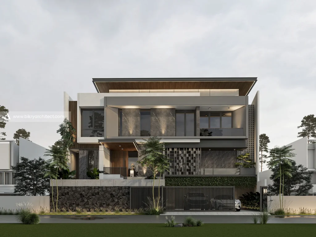 Tampak depan T House Samarinda, rumah modern kontemporer 2 lantai dengan atap datar berplafon kayu dan dinding batu alam