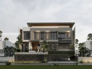 Tampak depan T House Samarinda, rumah modern kontemporer 2 lantai dengan atap datar berplafon kayu dan dinding batu alam
