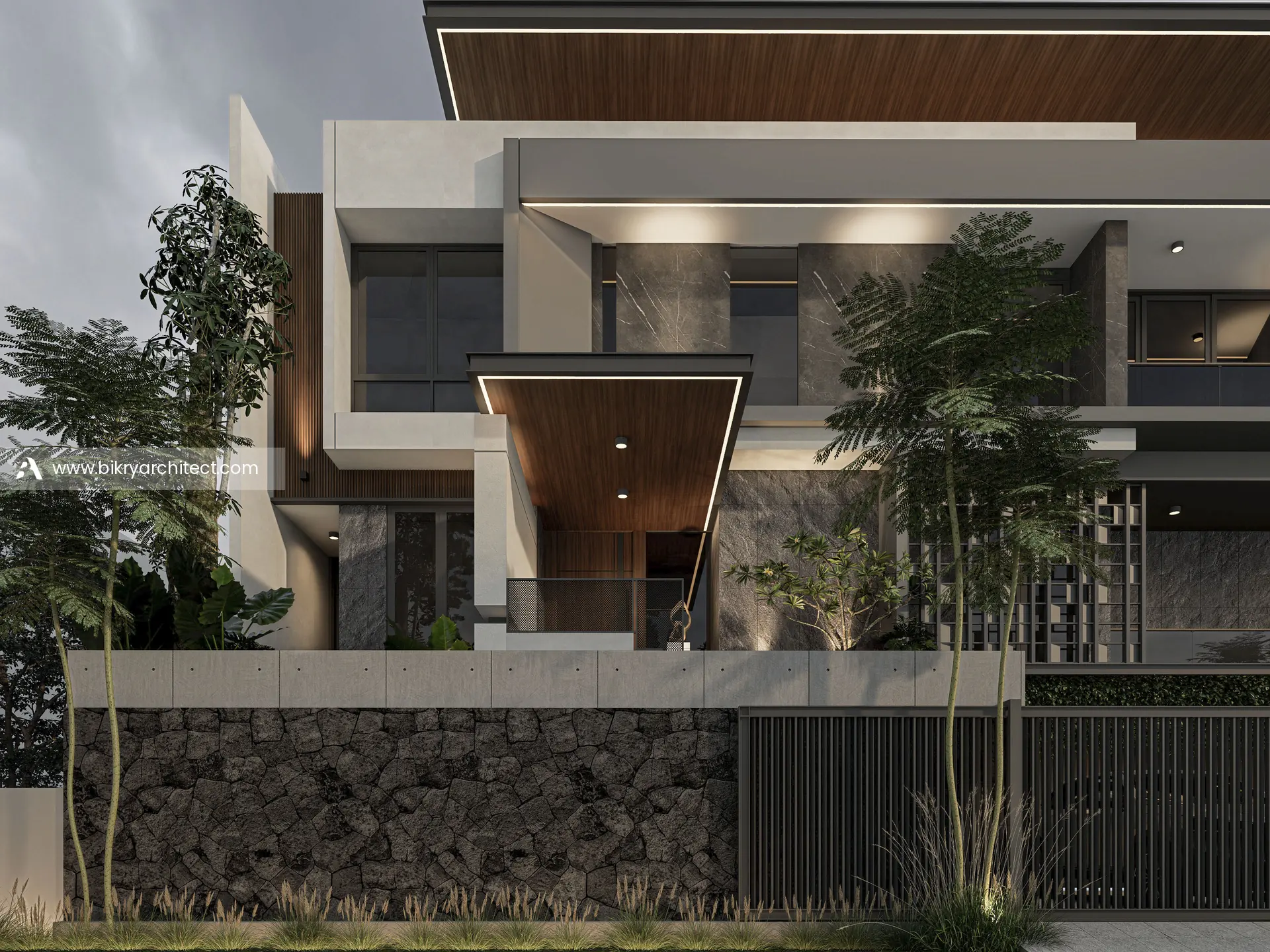 Perspektif fasad rumah modern kontemporer dengan kanopi pintu masuk berplafon kayu dan pagar besi gelap