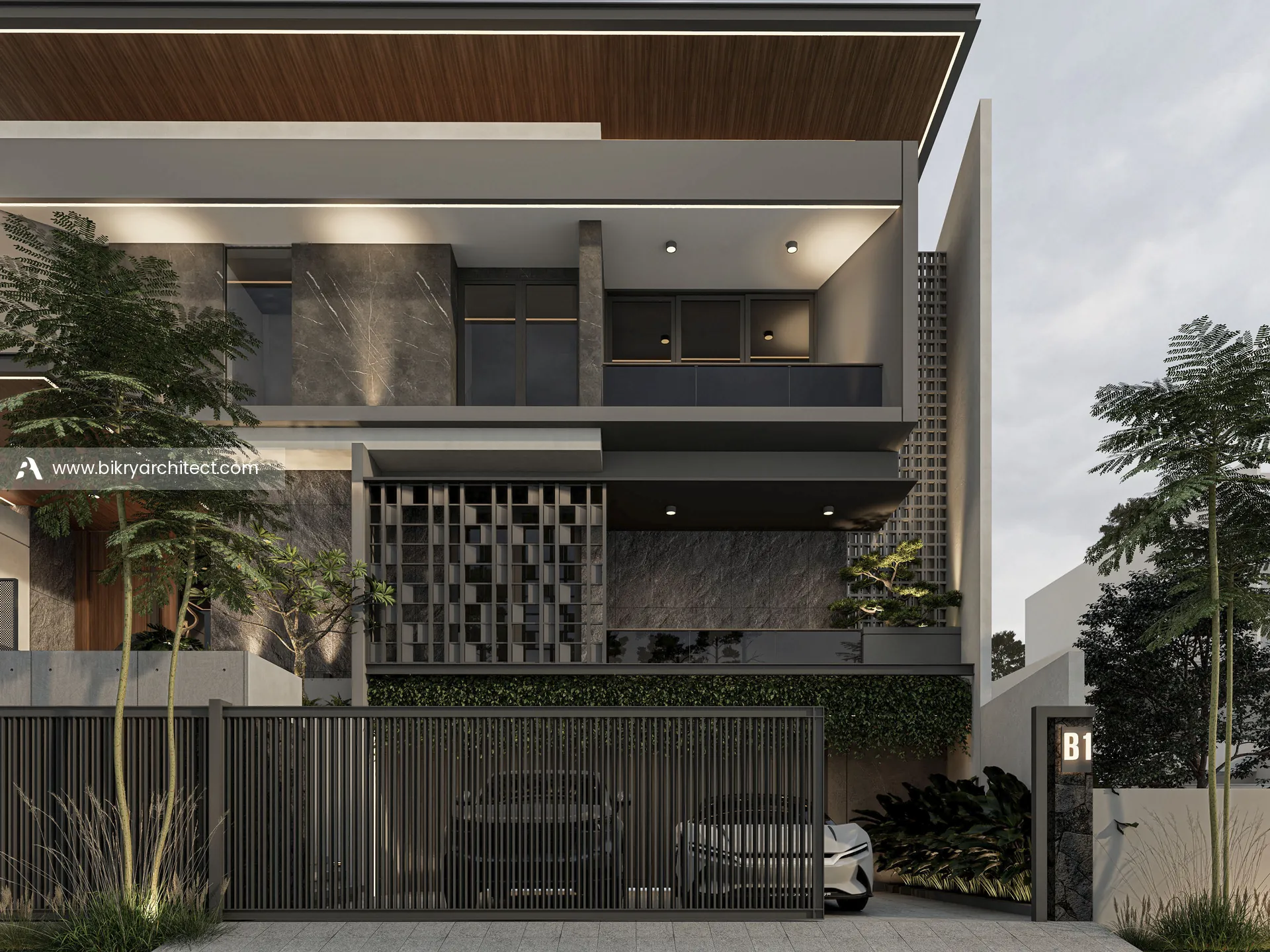 Fasad rumah modern kontemporer dengan secondary skin bermotif kotak, panel batu gelap, dan pagar garasi