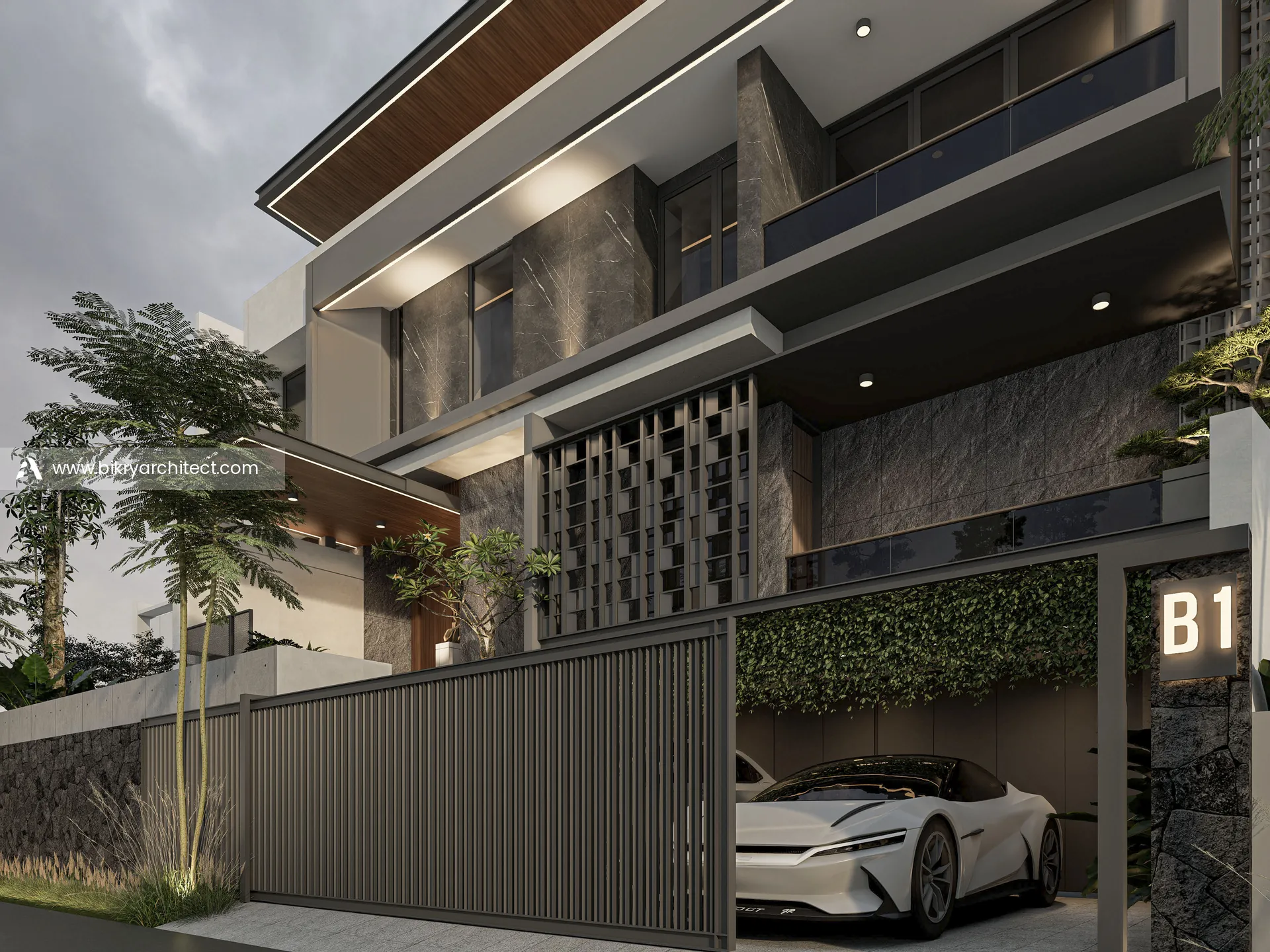 Perspektif sudut rumah modern kontemporer dengan garasi di level bawah, tanaman rambat, dan papan nomor bercahaya
