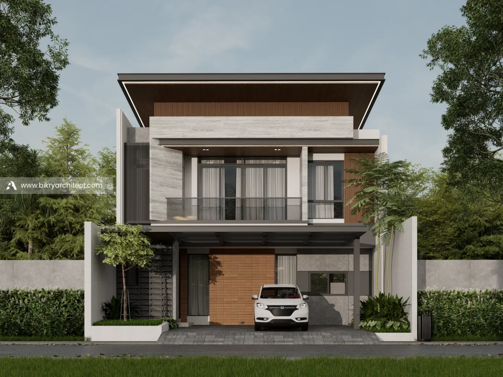 Fasad depan V House Jambi, rumah modern tropis 2 lantai dengan atap miring berplafon kayu dan carport