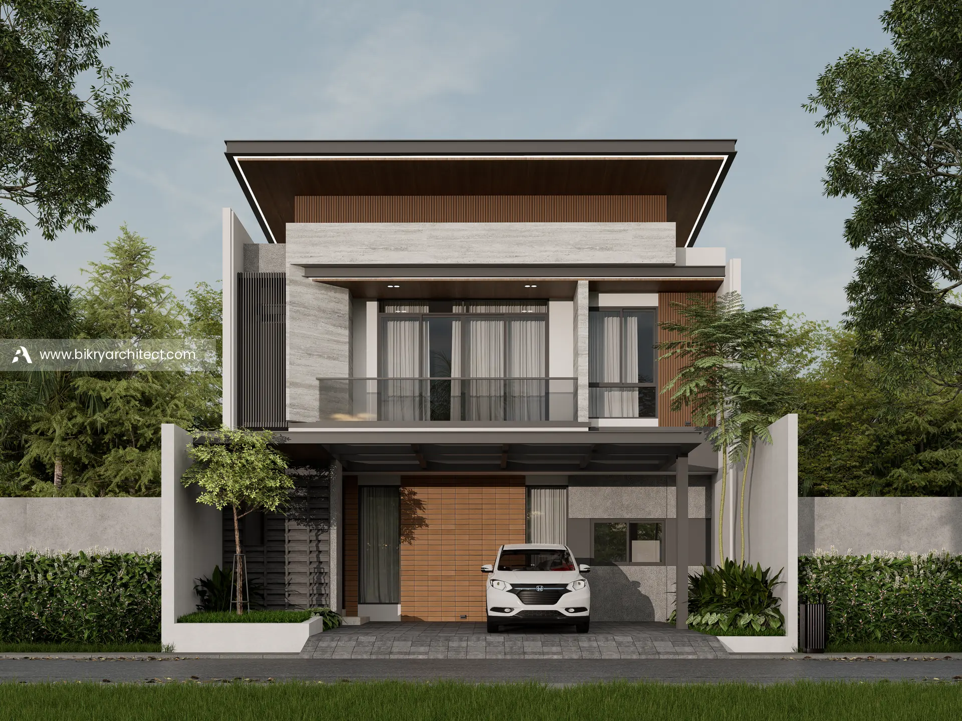 Fasad depan V House Jambi, rumah modern tropis 2 lantai dengan atap miring berplafon kayu dan carport