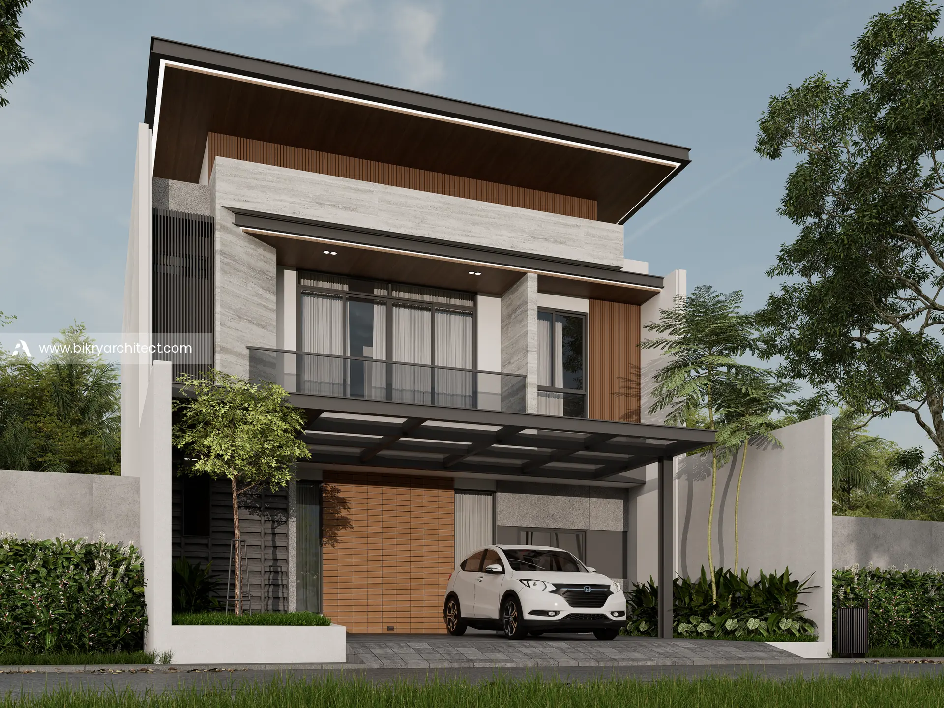 Perspektif sudut rumah modern tropis 2 lantai di Jambi dengan dinding batu bertekstur dan aksen bata ekspos