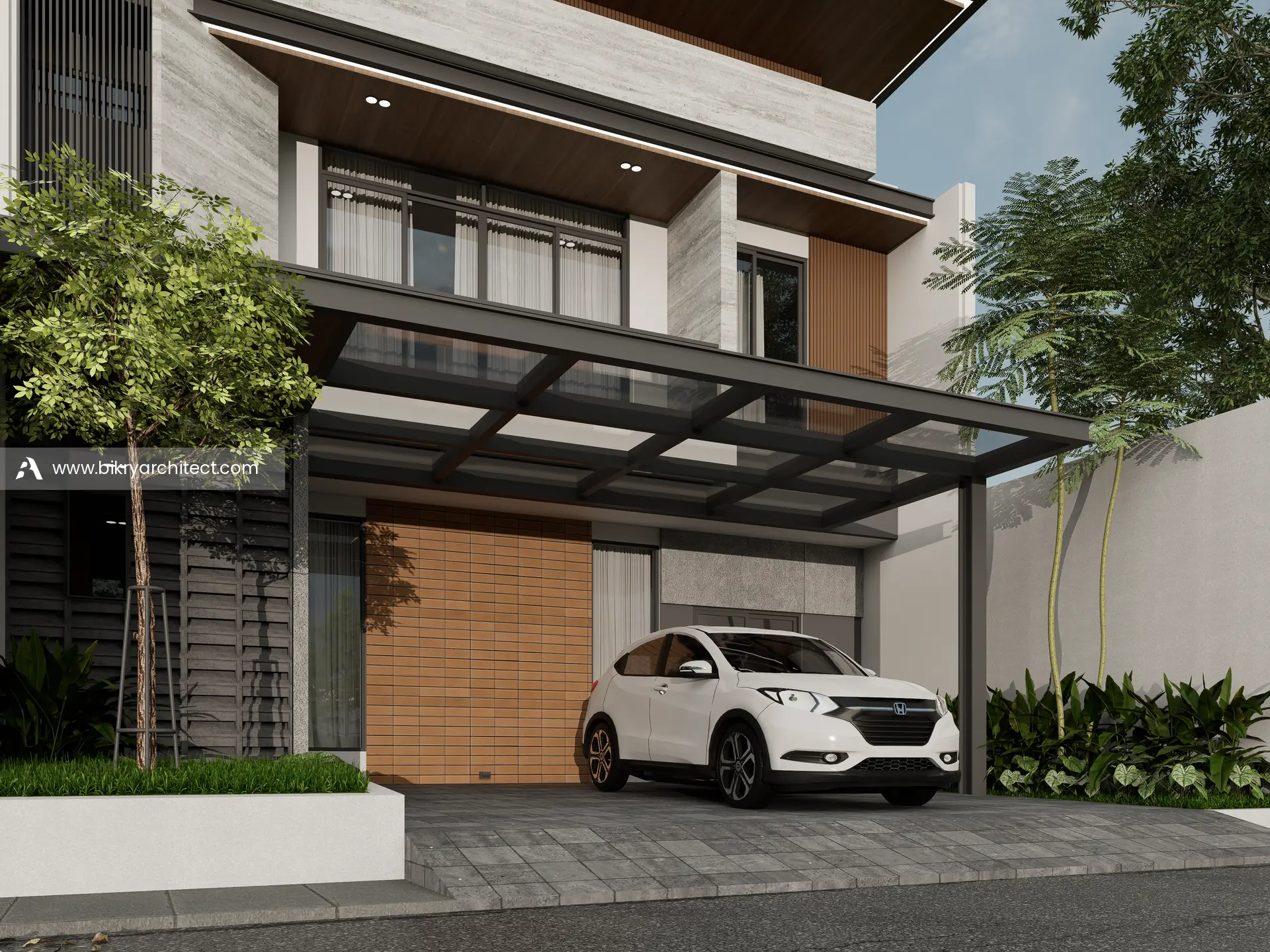 Tampak depan V House pada malam hari dengan lampu hangat di balkon dan plafon kayu