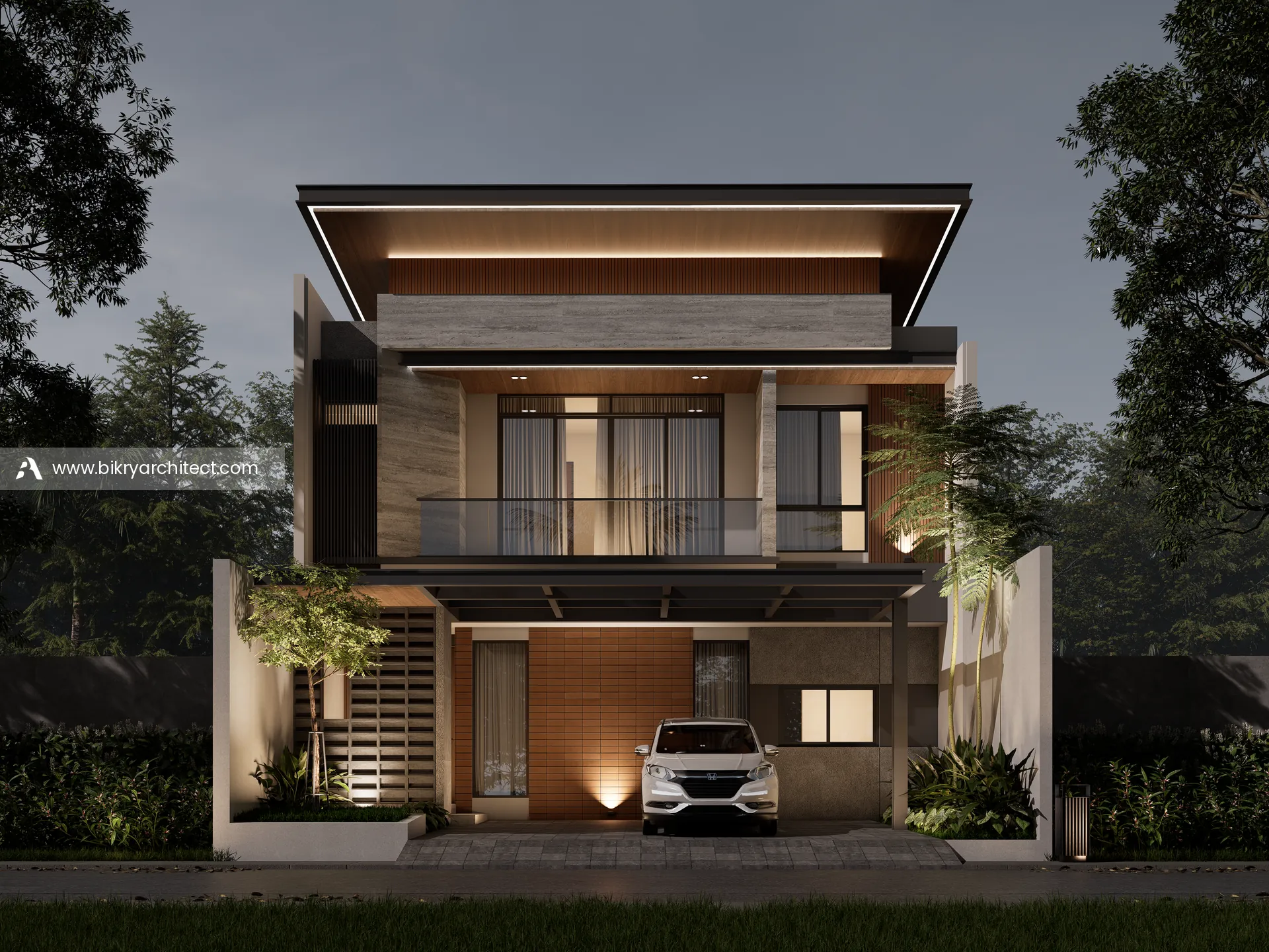 Carport dengan kanopi rangka baja dan atap kaca di depan dinding bata ekspos