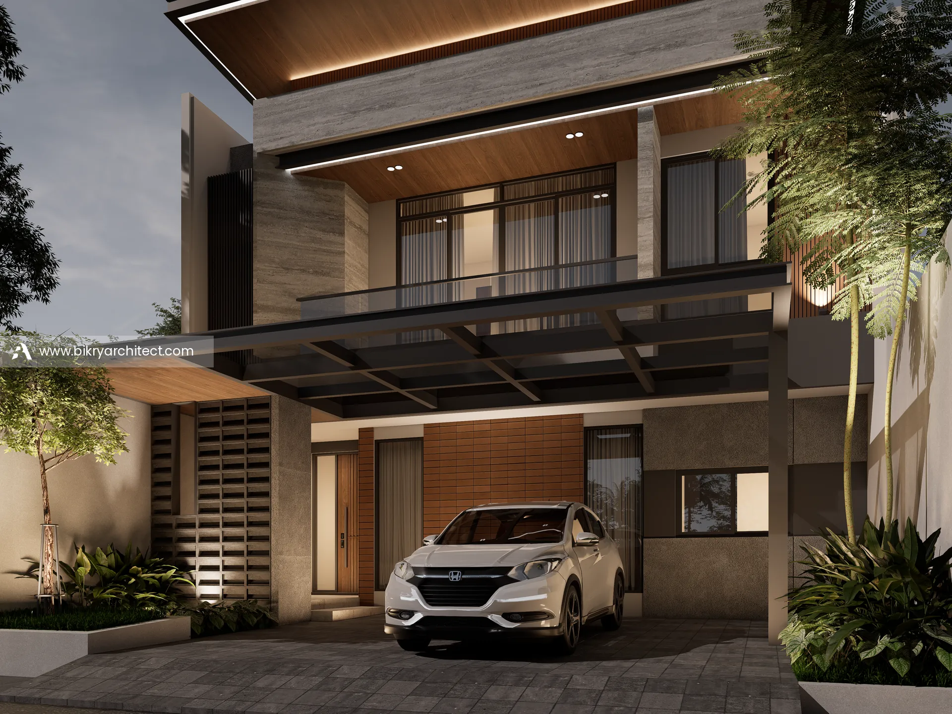 Perspektif malam rumah modern tropis 2 lantai dengan kanopi carport dan taman depan