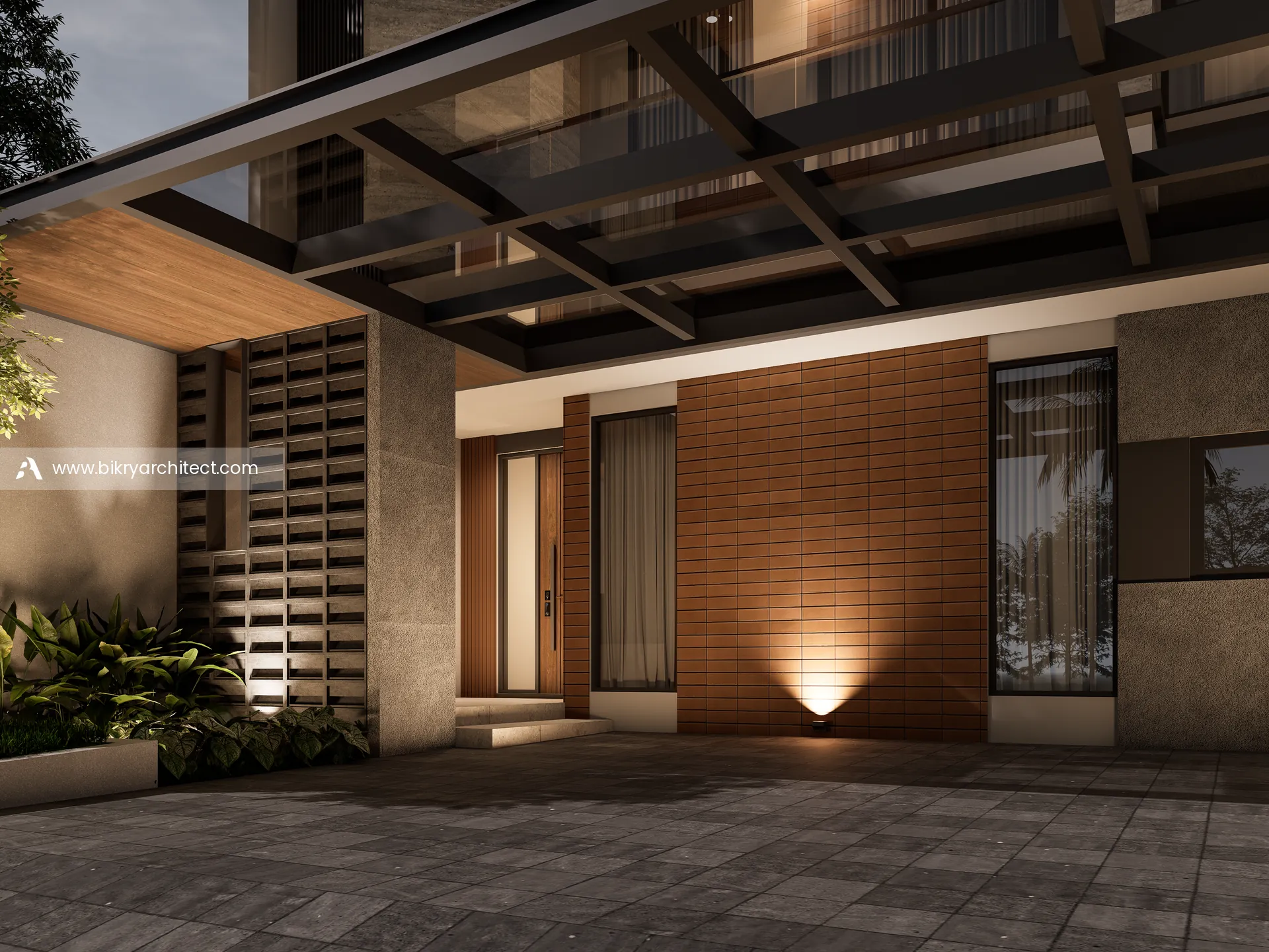 Detail kanopi carport dan dinding bata ekspos dengan lampu sorot pada malam hari