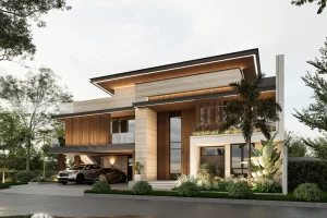 Tampak depan Y House Depok, rumah modern tropis 2 lantai dengan atap datar bertingkat berplafon kayu dan dinding travertin