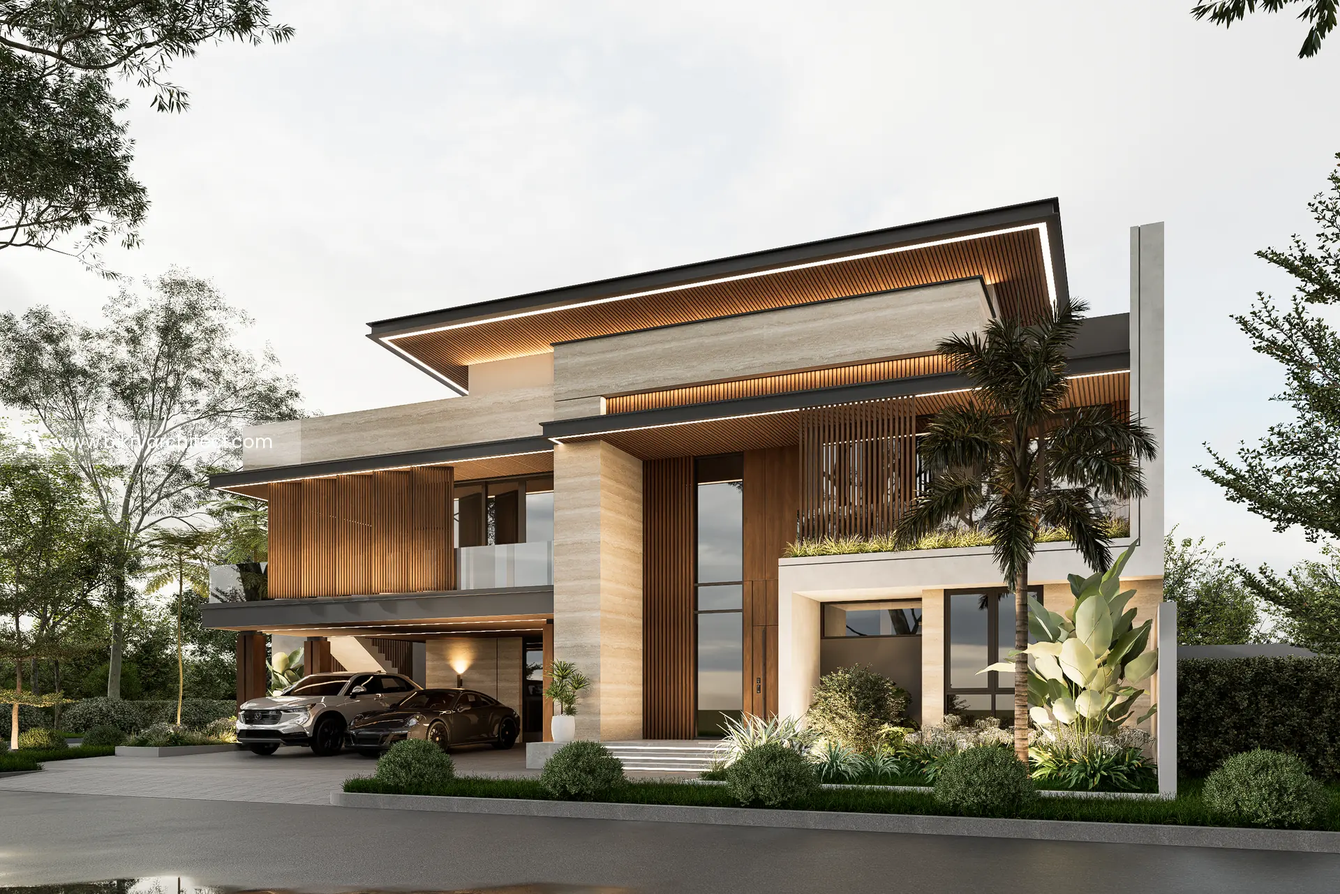 Tampak depan Y House Depok, rumah modern tropis 2 lantai dengan atap datar bertingkat berplafon kayu dan dinding travertin