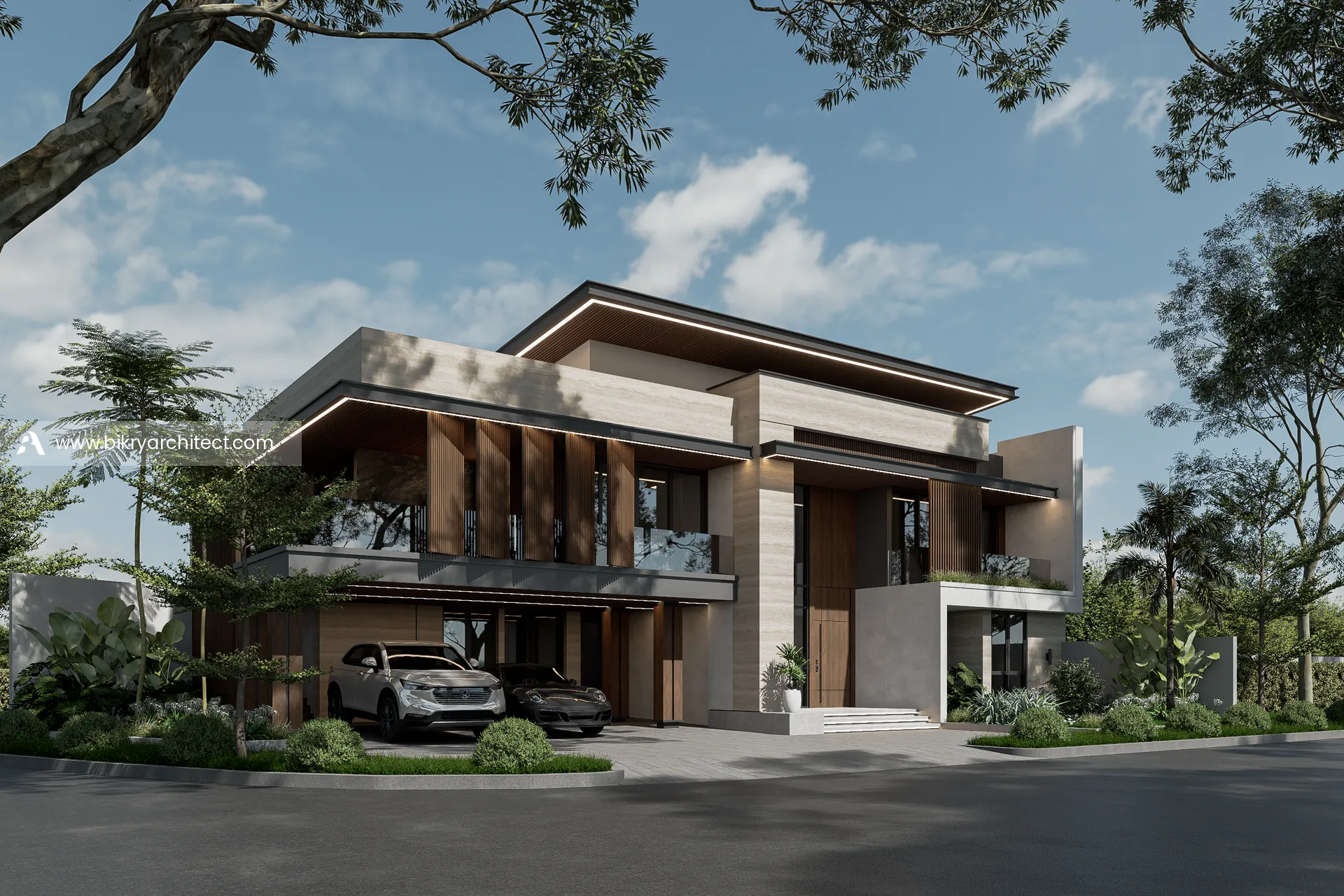 Perspektif rumah modern tropis 2 lantai dengan kisi kayu vertikal, balkon, dan carport di siang hari