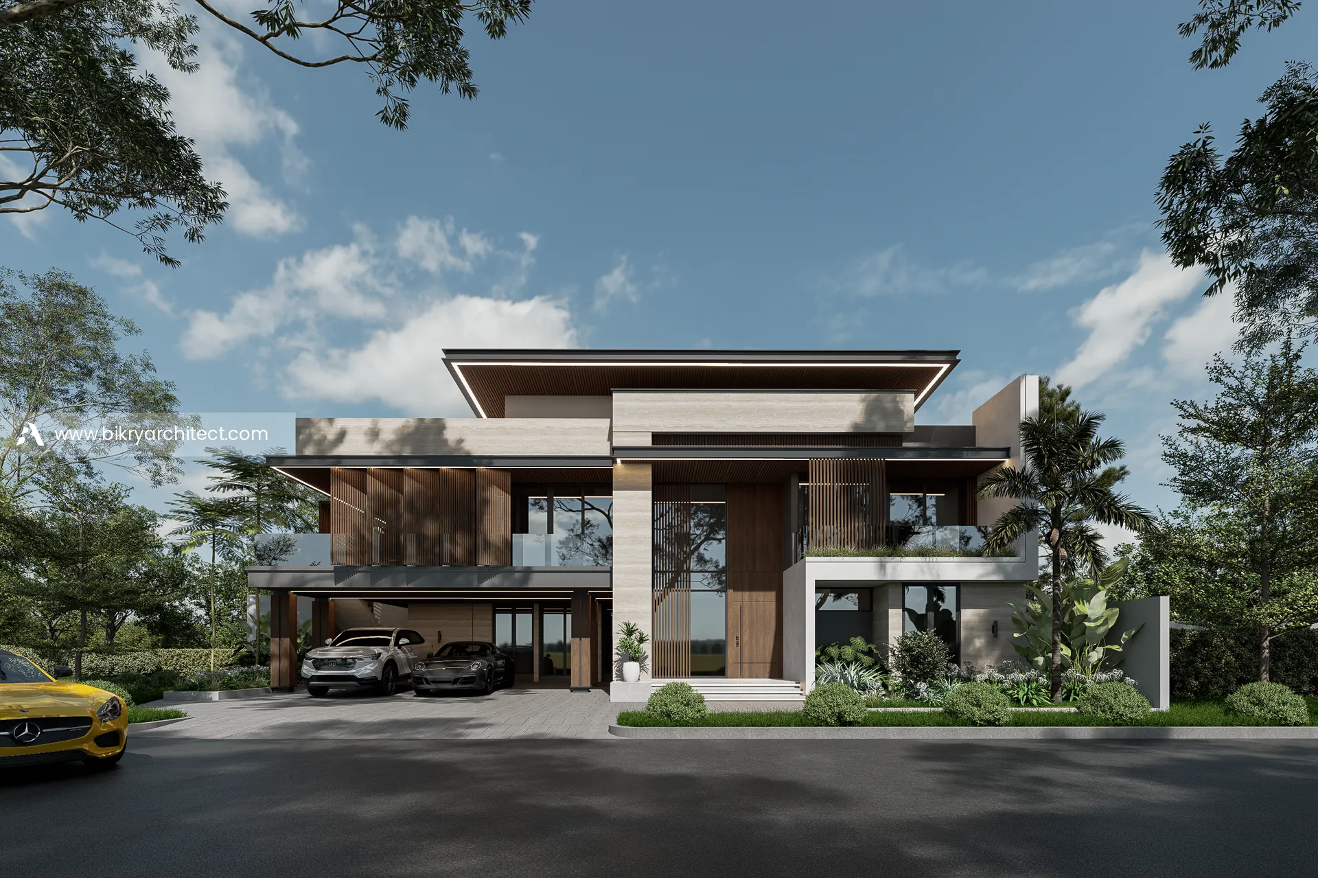 Fasad lebar rumah modern tropis 2 lantai di Depok dengan carport, balkon kaca, dan taman tropis