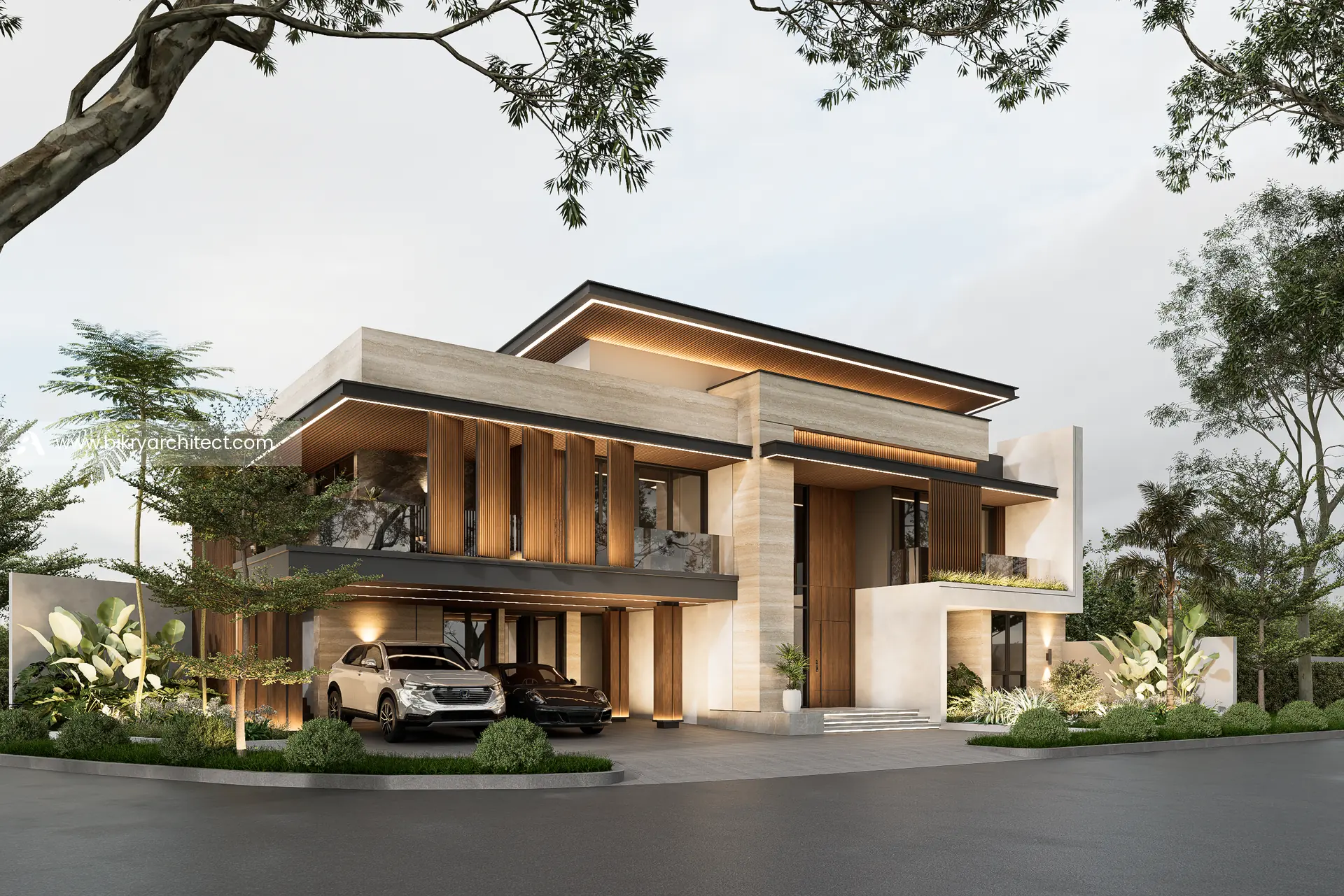 Perspektif sore rumah modern tropis dengan lampu tersembunyi di plafon kayu dan kisi kayu