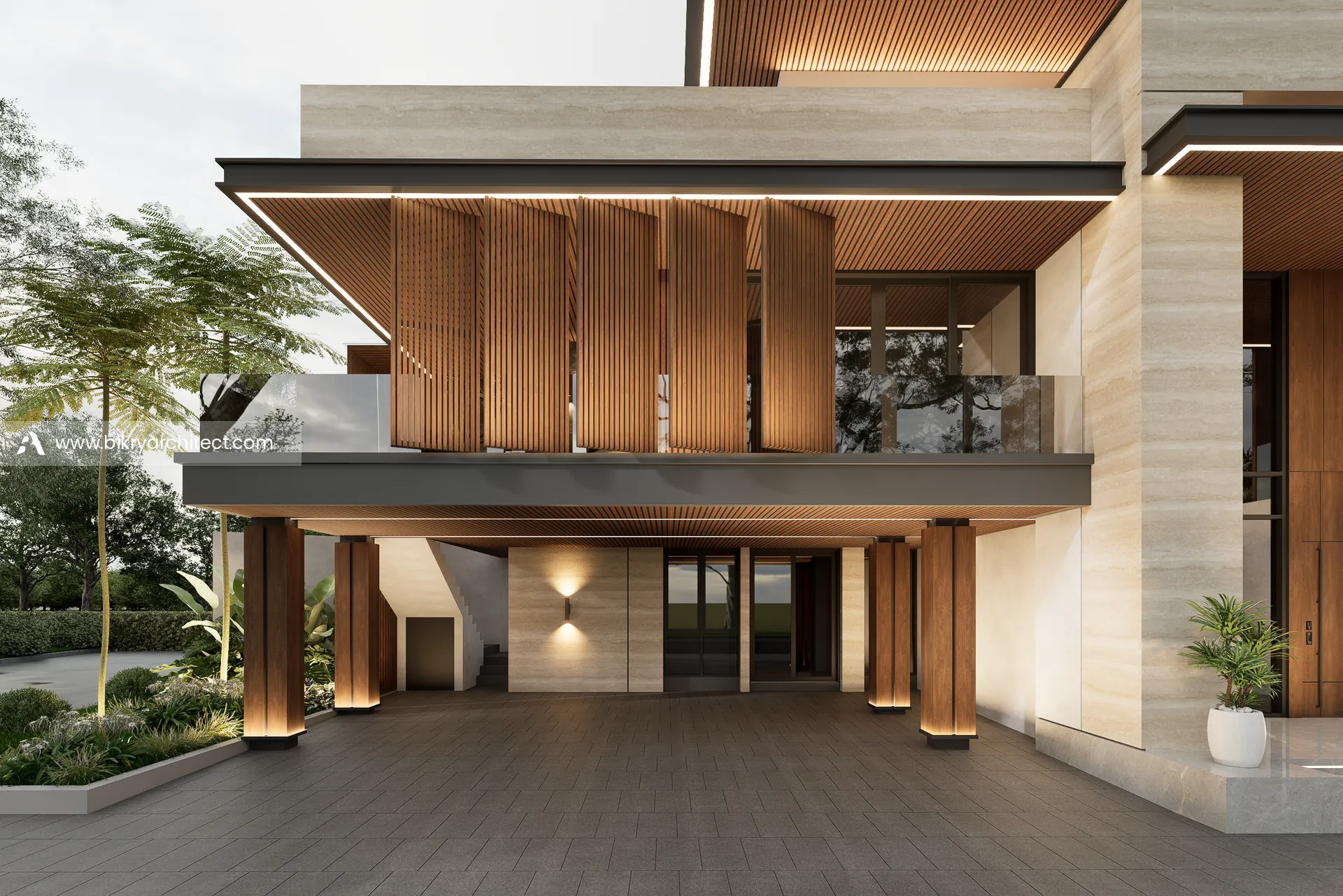 Carport rumah modern tropis dengan atap kantilever, kolom kayu, dan kisi kayu di lantai dua