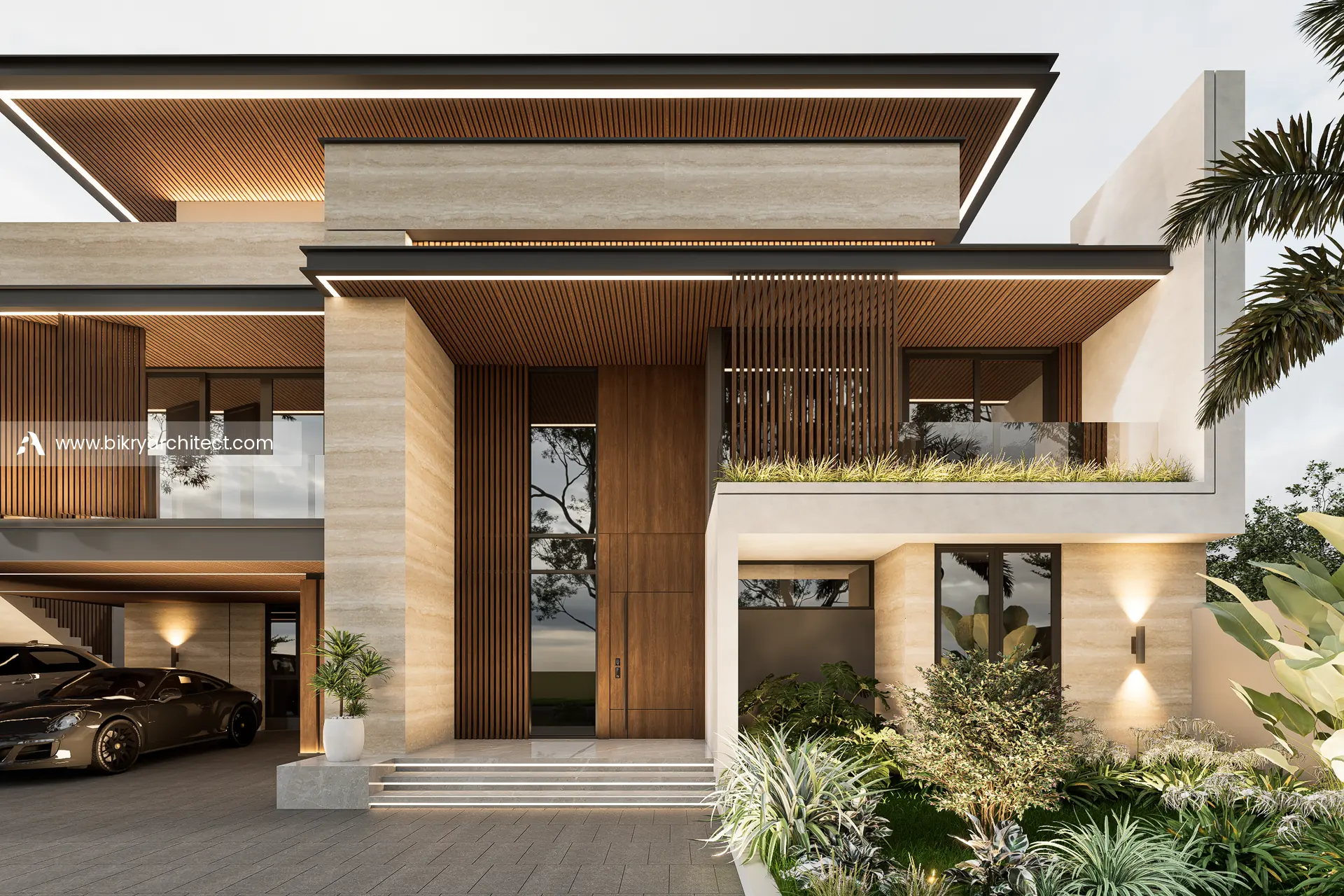 Pintu masuk utama rumah modern tropis dengan panel kayu vertikal dan lampu dinding
