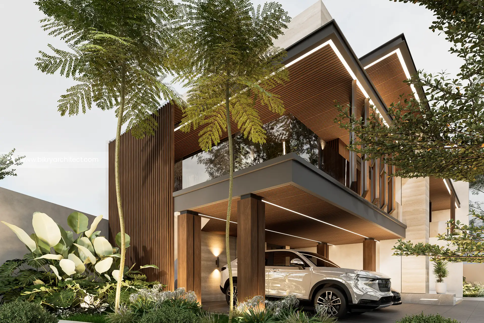Sudut carport Y House dengan atap kantilever, plafon kayu, dan tanaman tropis