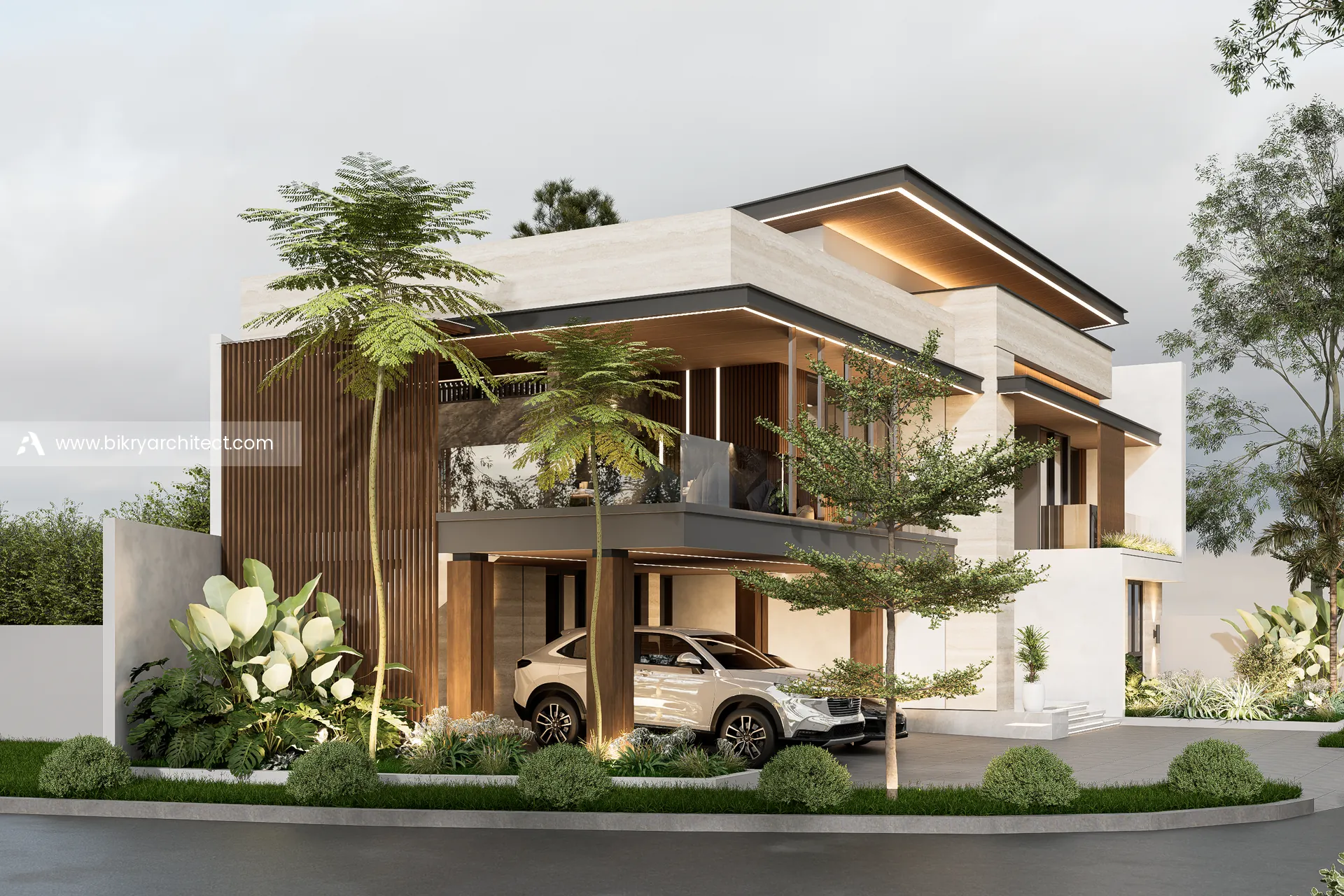 Tampak samping rumah modern tropis 2 lantai dengan pohon palem dan taman di sisi rumah