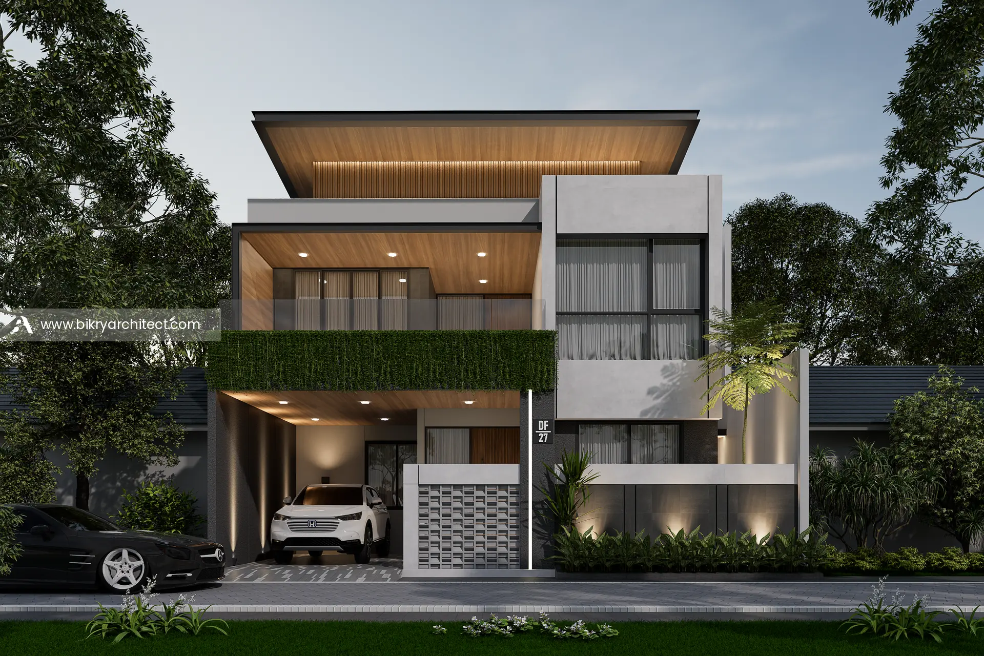 Fasad depan Y House Surabaya, rumah modern tropis 2 lantai dengan vertical garden dan atap kantilever berplafon kayu