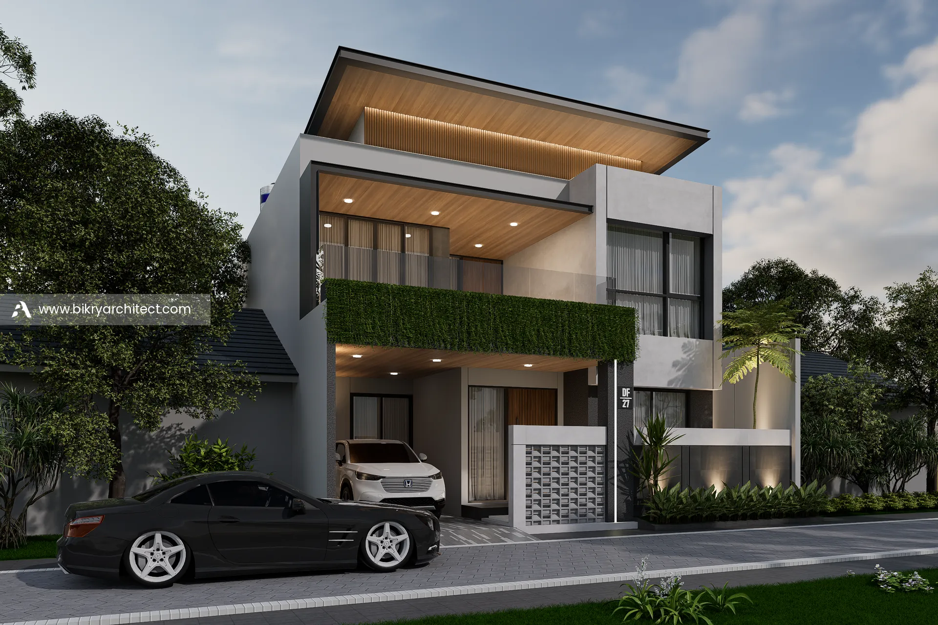 Perspektif rumah modern tropis 2 lantai Y House di Surabaya karya Bikry Architect