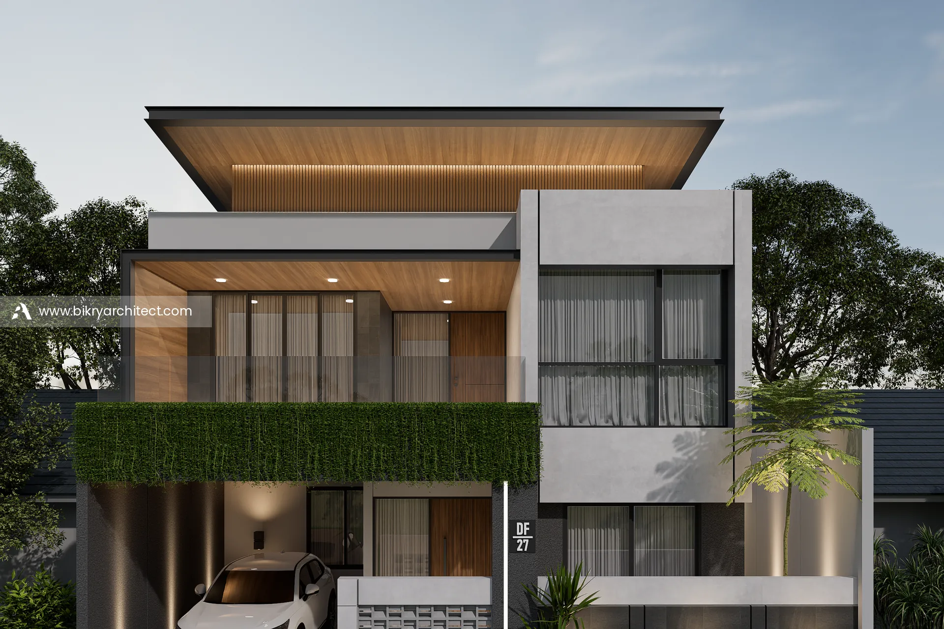 Tampak depan rumah modern tropis dengan balkon kaca, vertical garden, dan plafon kayu