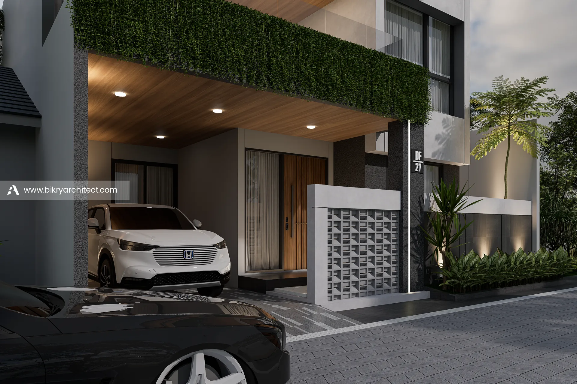 Carport Y House dengan plafon kayu, lampu downlight, dan dinding roster di samping pintu masuk