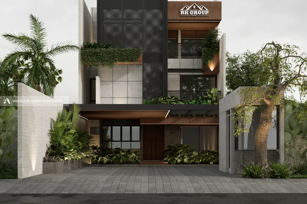 Fasad depan Y Office Palembang, kantor modern tropis 3 lantai dengan secondary skin hitam, planter box, dan kanopi kayu