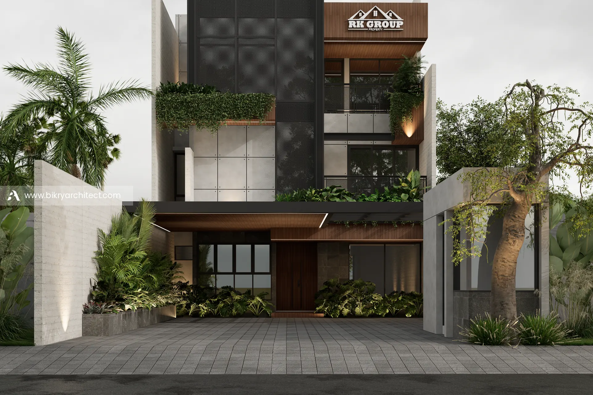 Fasad depan Y Office Palembang, kantor modern tropis 3 lantai dengan secondary skin hitam, planter box, dan kanopi kayu