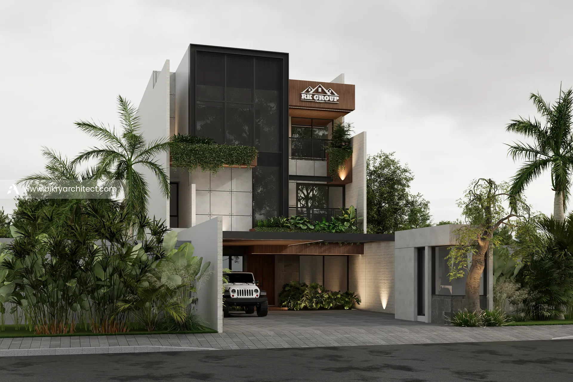 Perspektif sudut Y Office Palembang dengan area parkir dan taman tropis