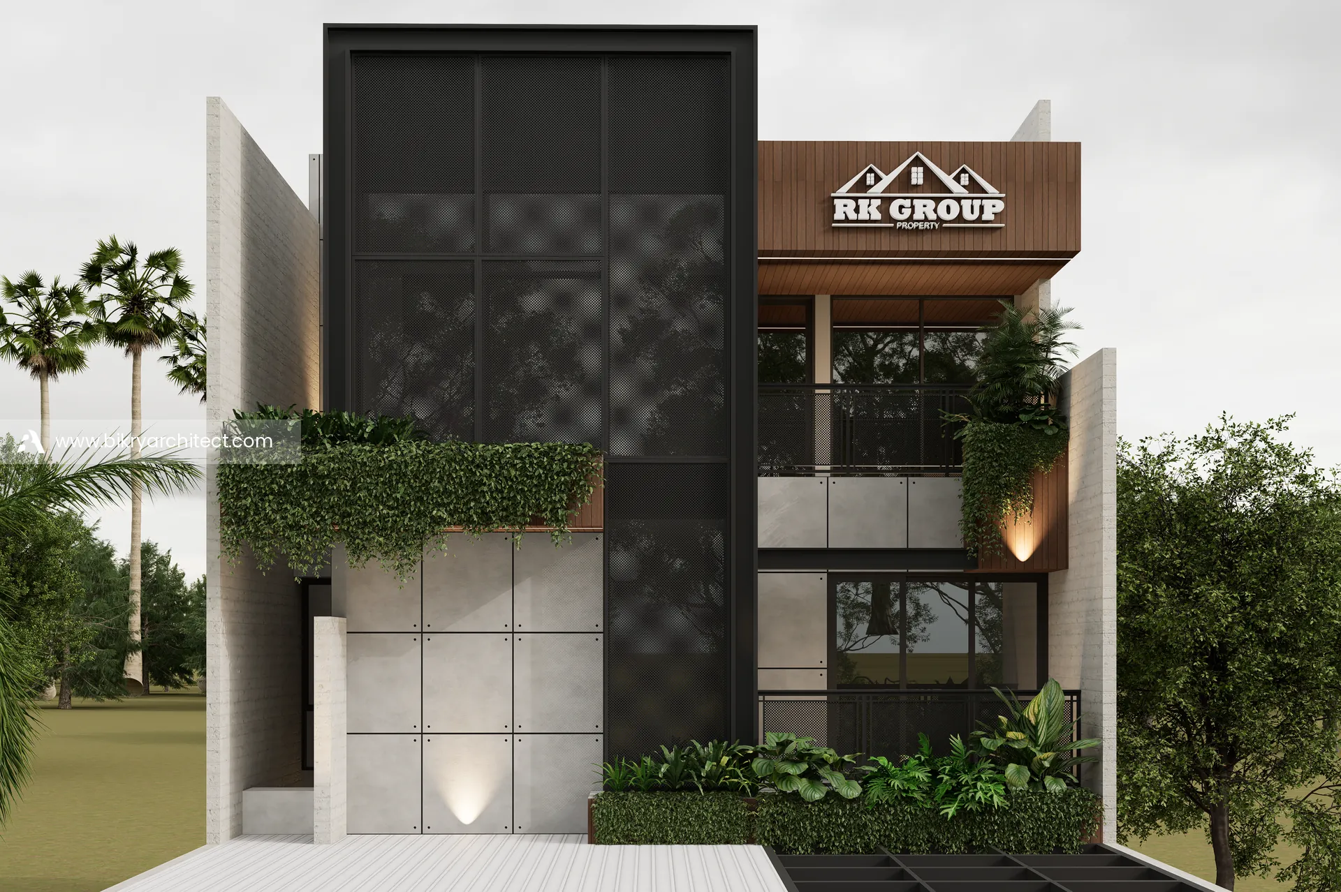 Detail fasad atas dengan panel perforasi hitam, panel abu muda bergrid, tanaman menjuntai, dan papan nama berbingkai kayu